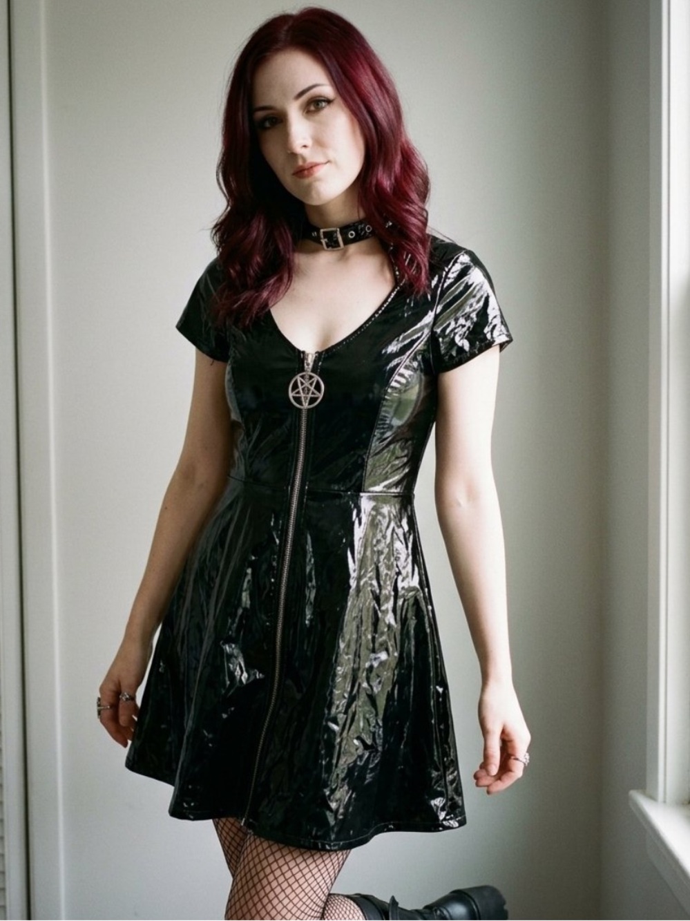 Killstar Black Patent Pentagram Zip Skater Dress